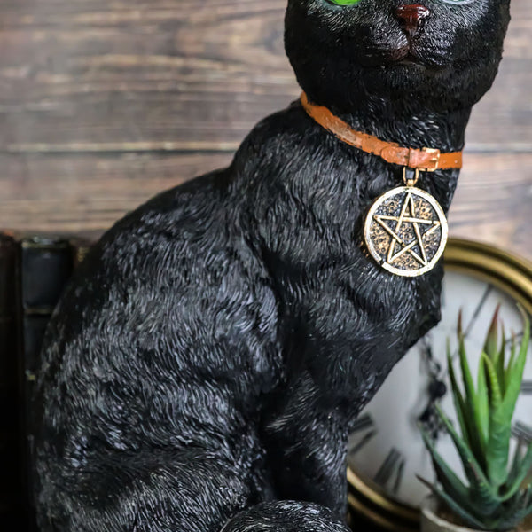 Wicca Witchcraft Green Eyed Moon Black Cat With Pentagram Necklace Fig Ebros Gift