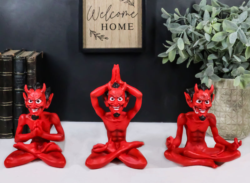 Set of 3 Red Demon Imp Devils in Yoga Lotus Meditation Poses Figurines