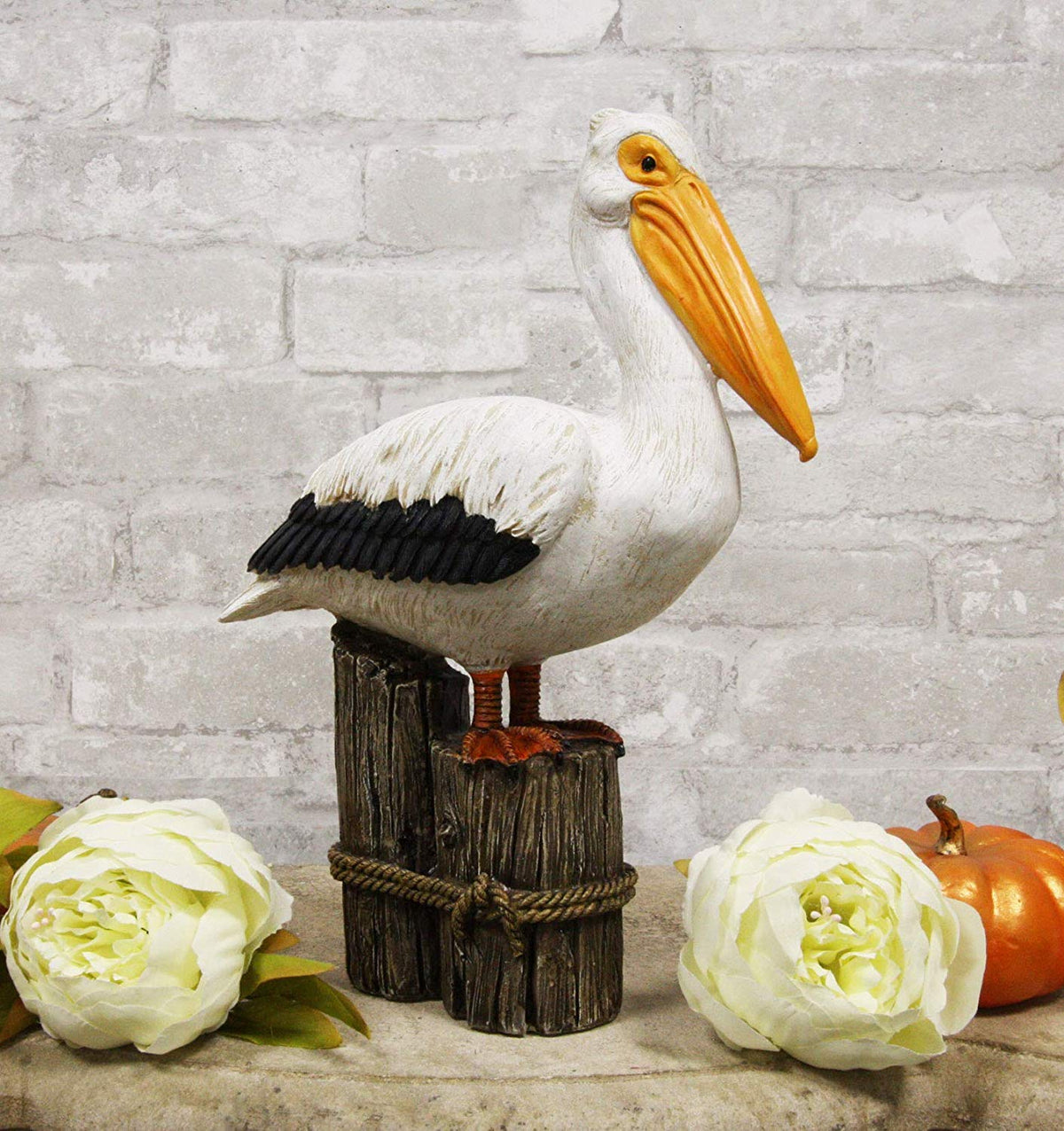 Ebros Gift 12" Tall Ocean Marine Beach Coastal Great White Pelican Perching On Getty Post Statue Home Decor Birds Pelicans Nature As Centerpiece Decorative Sculpture Figurine - Ebros Gift