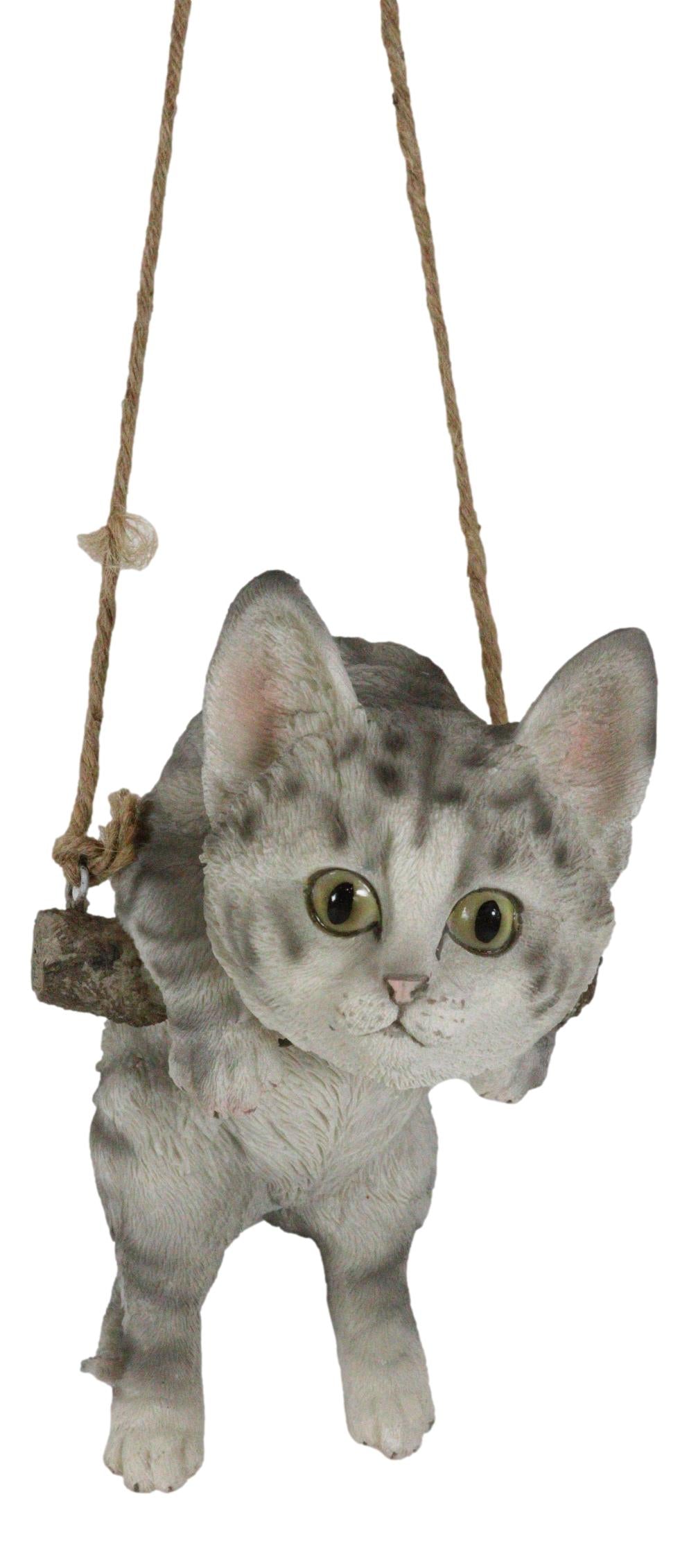 Set Of 2 Lifelike Feline Tabby Kitten Cats On Branch Swing Hanger Wall Decors