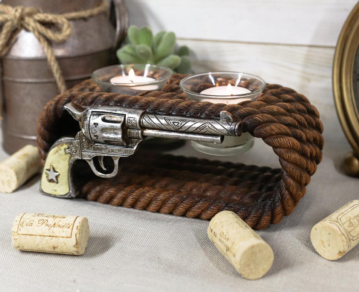 Ebros Western Cowboy Ropes And Revolver Pistol Double Votive Tea Light Candle Holder