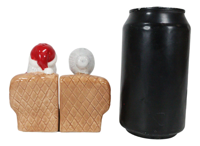 North Pole Winter Christmas Mr Mrs Santa On Sofa Ceramic Salt Pepper Shaker Set