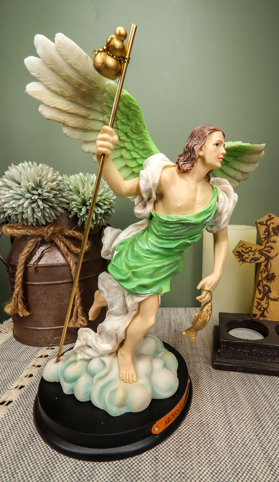Ebros Saint Raphael with Healing Staff Statue 10.25" H with Brass Name Plate
