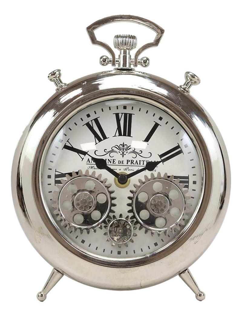 Steampunk Moving Gears European Victorian Vintage Style Shiny Chrome Table Clock