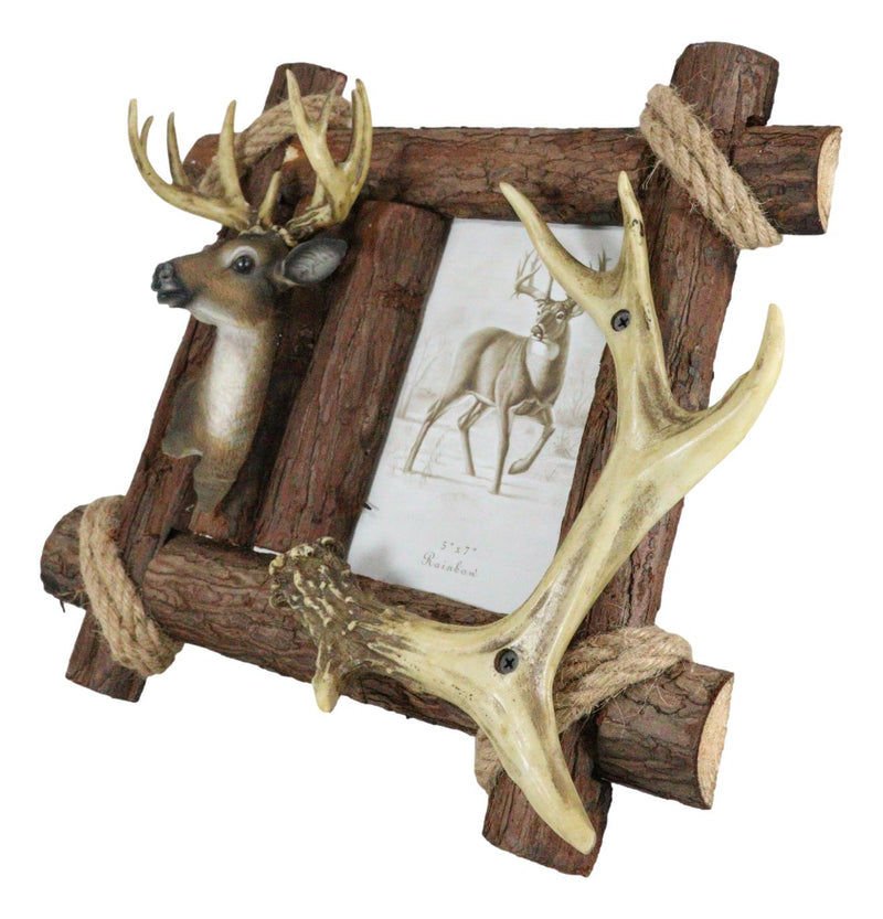 Rustic Buckhorn Stag Deer Trophy Bust And Antlers With Wooden Logs Picture Frame