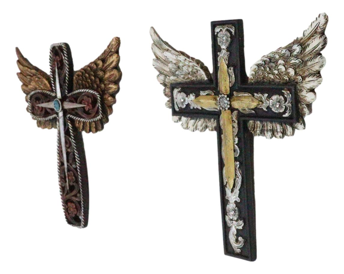 Set of 2 Petite Rustic Western Silver Gold Angel Wings Faux Leather Wall Crosses