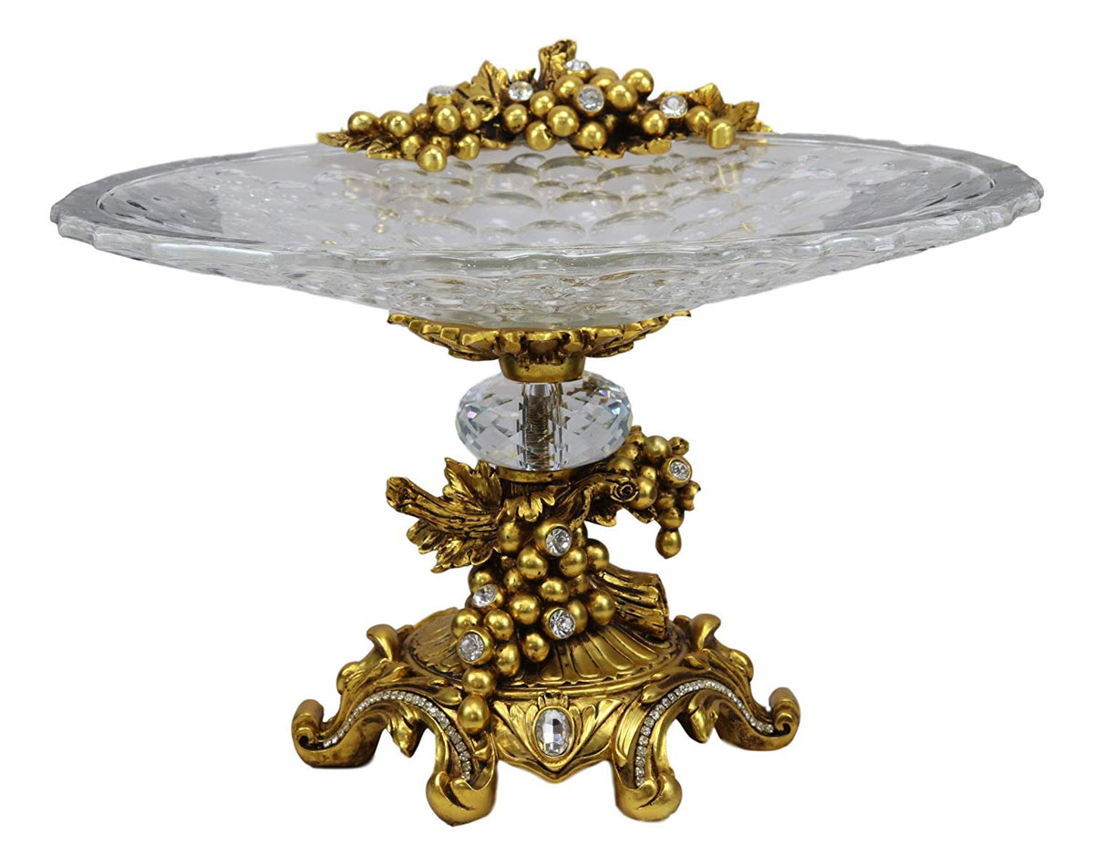 Ebros Gift Vintage Antique Baroque Design Large Crystal Glass Round Dish 16"Wide Dessert Platter Stand With Electroplated Gold Fruits And Grapes Themed Base Sculpture And Austrian Crystals Centerpiece - Ebros Gift