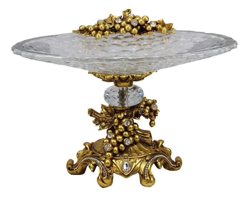 Ebros Gift Vintage Antique Baroque Design Large Crystal Glass Round Dish 16"Wide Dessert Platter Stand With Electroplated Gold Fruits And Grapes Themed Base Sculpture And Austrian Crystals Centerpiece