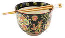 Colorful Floral Summer Blossoms On Black Ramen Soup Bowl With Chopsticks Set