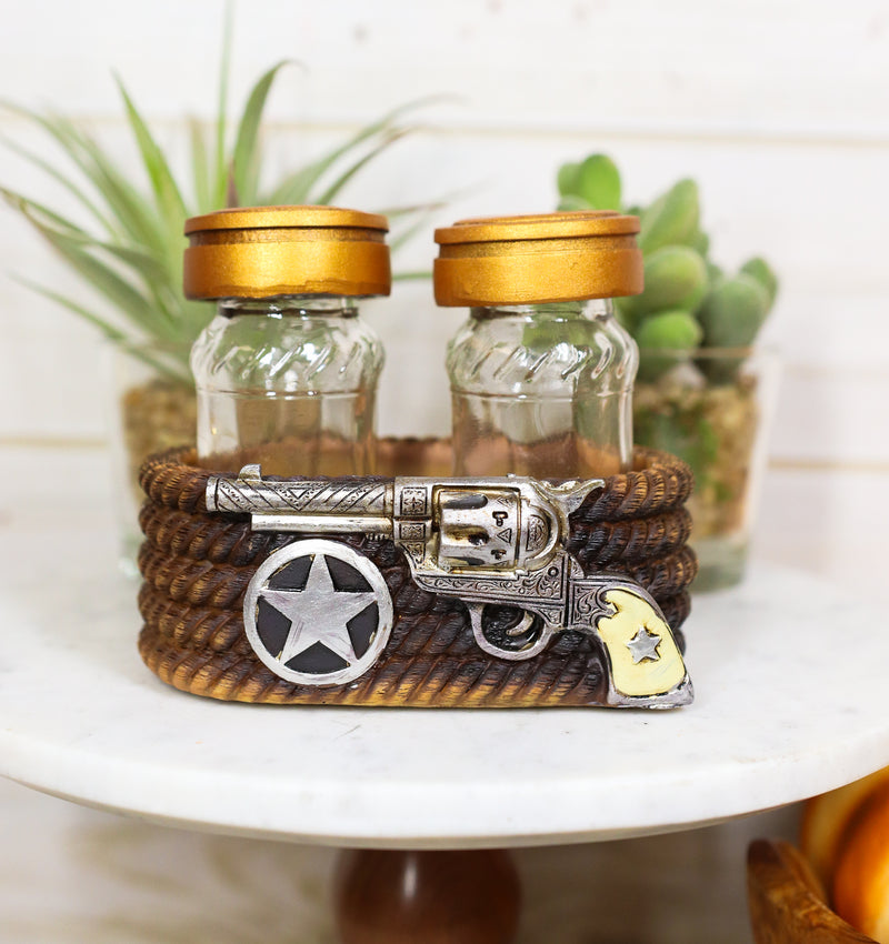 Ebros Cowboy Revolver Six Shooter Pistol Western Star & Ropes Salt Pepper Shakers Set
