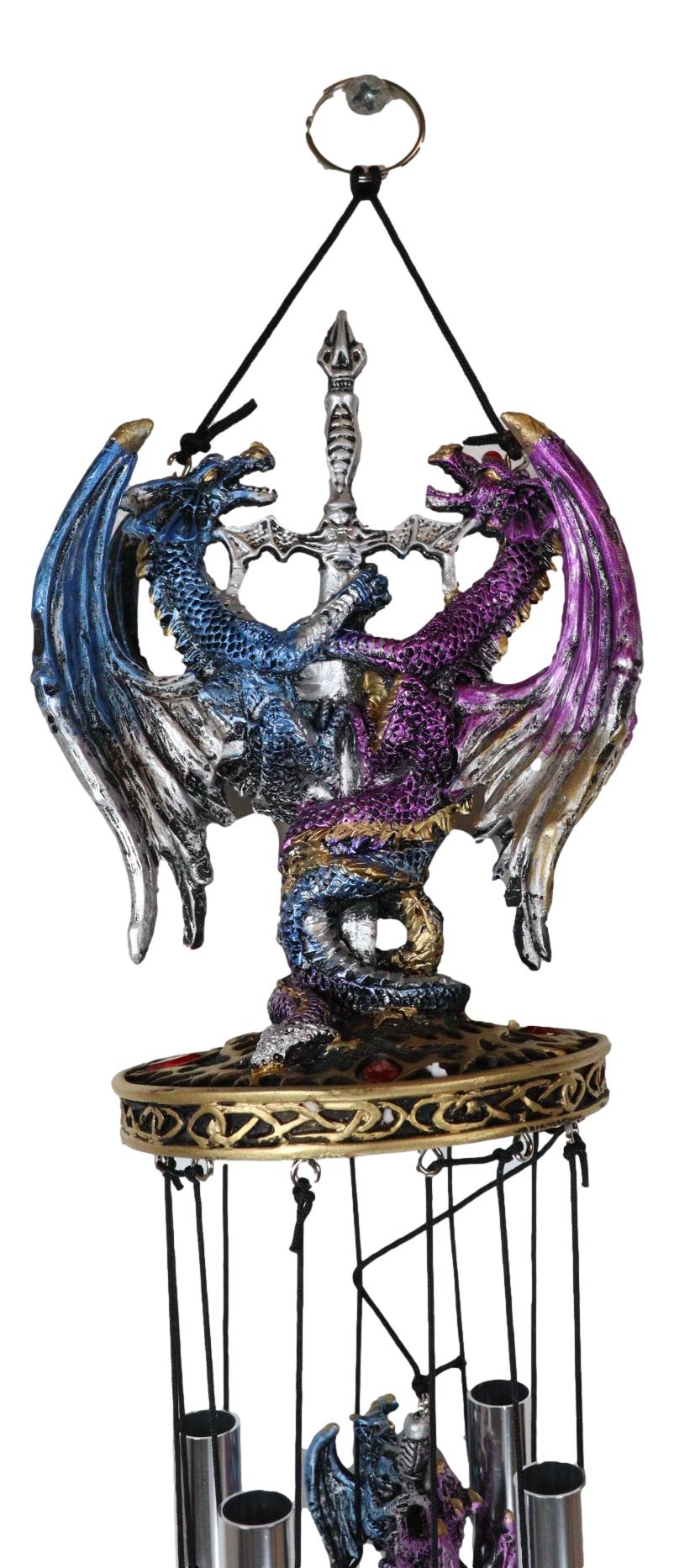 Yin Yang Day and Night Twin Dragons Excalibur Sword Wind Chime Home Patio Decor - Ebros Gift