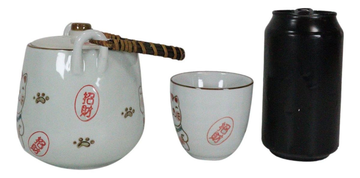 Japanese Maneki Neko Ceramic Tea Set Pot and Cups Lucky Charm Cat Serves 4