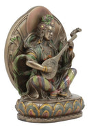 Hindu Goddess Saraswati Playing A Veena Seated On Lotus Throne Statue 6"Tall