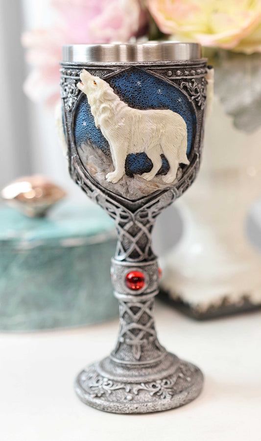 Howling White Wolf In Starry Night Wine Chalice Goblet With Celtic Knotwork 7oz - Ebros Gift