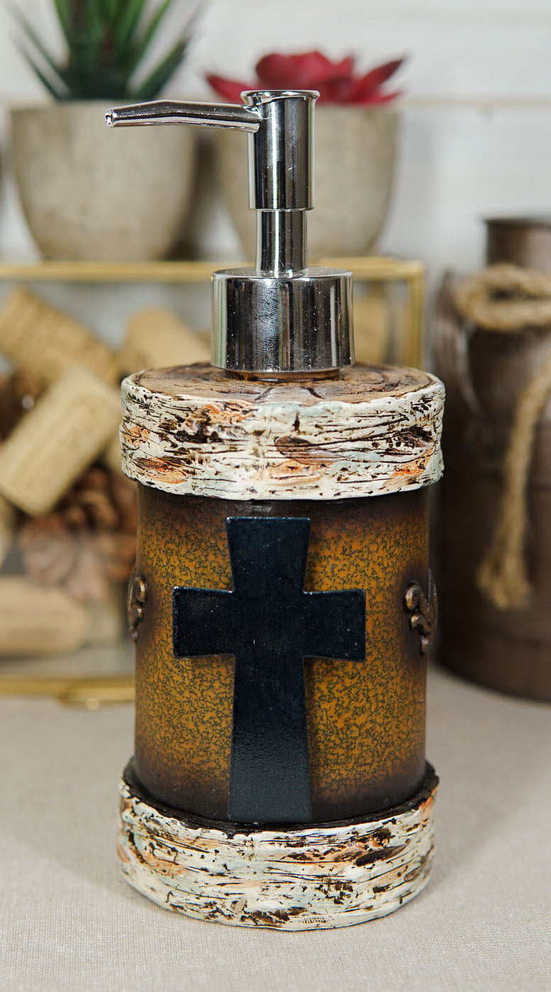 Rustic Western Cross With Birchwood Accent Liquid Soap Or Lotion Pump Dispenser