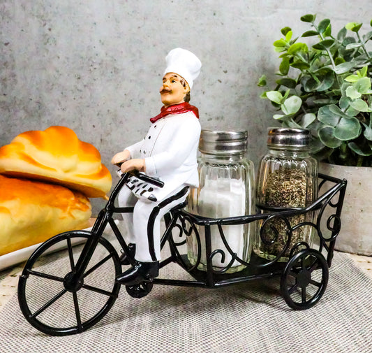 Ebros French Bistro Chef Riding On Bicycle Spice Cart Salt And Pepper Shakers Holder Figurine 6"Tall Iron Chef Spice Delivery - Ebros Gift