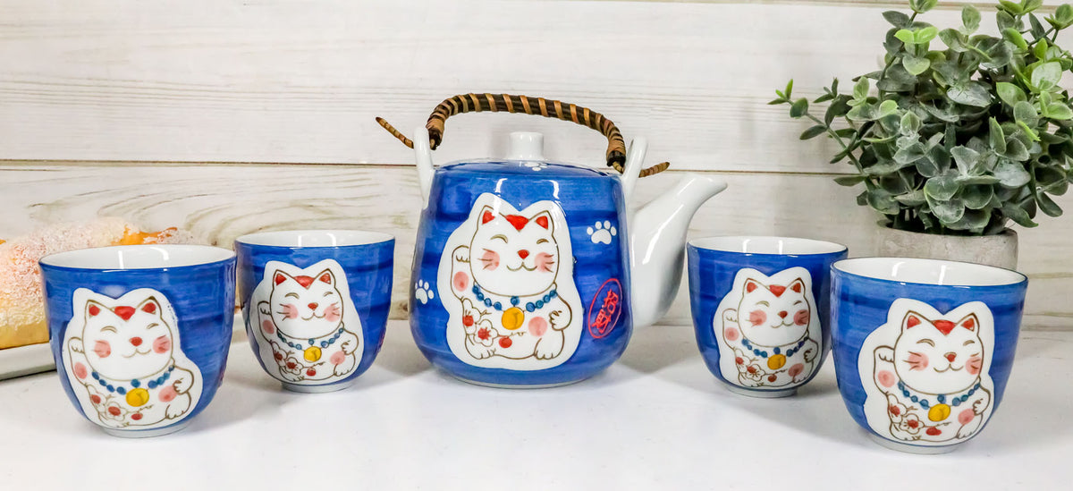 Ebros Japanese Maneki Neko Lucky Charm Cat Blue Tea Pot and Cups Set Serves 4 - Ebros Gift