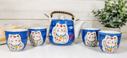 Ebros Japanese Maneki Neko Lucky Charm Cat Blue Tea Pot and Cups Set Serves 4 - Ebros Gift