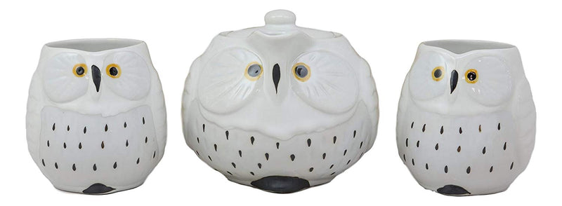 Ebros Whimsical White Fat Snow Owl Ceramic 16oz Tea Pot With 2 Cups Set Owls Decor