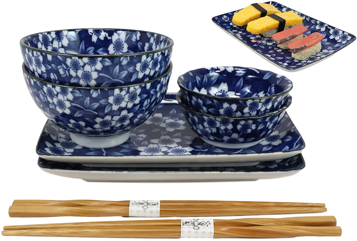 Made in Japan Floral Blossom Blue Motif Ceramic Sushi Dinnerware 8pc Set For Two