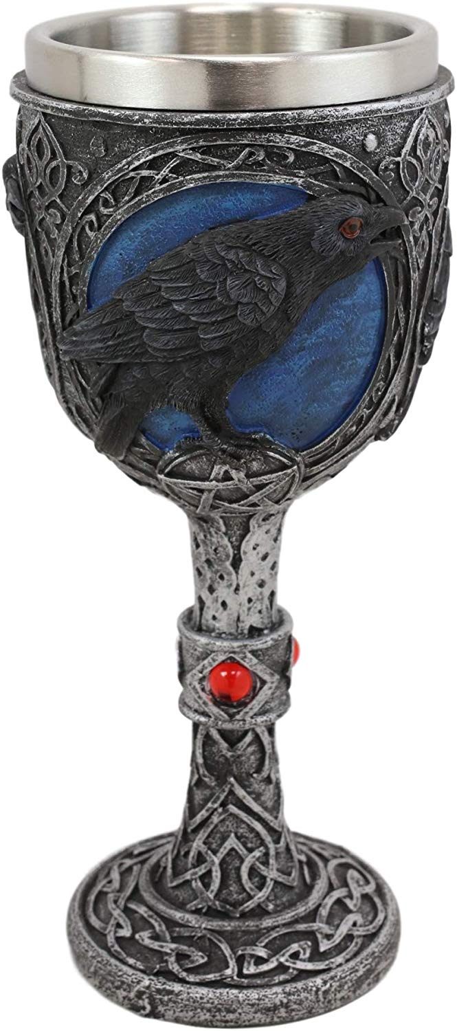 Ebros Moonlight Raven Crow With Celtic Tribal Tattoo Wine Goblet Chalice 7.25"H