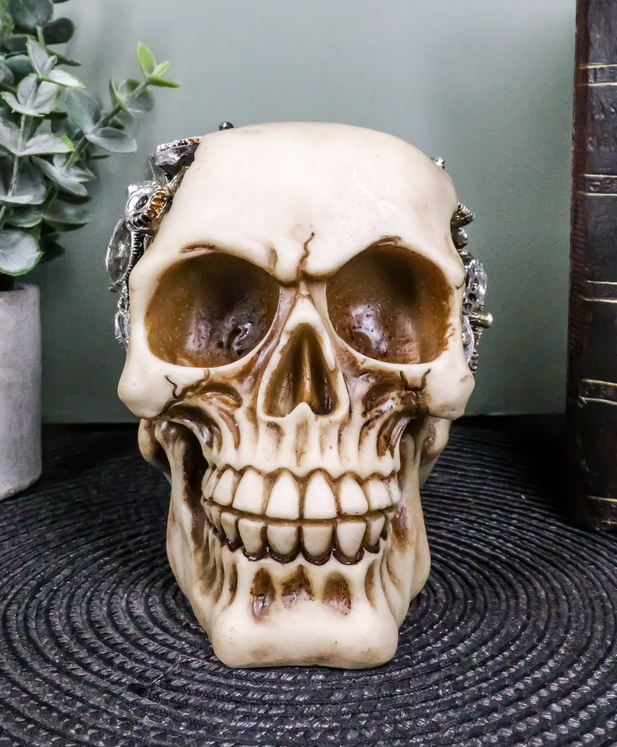 Steampunk Protruding Gearwork Cyborg Robotic Human Skull Figurine Skeleton