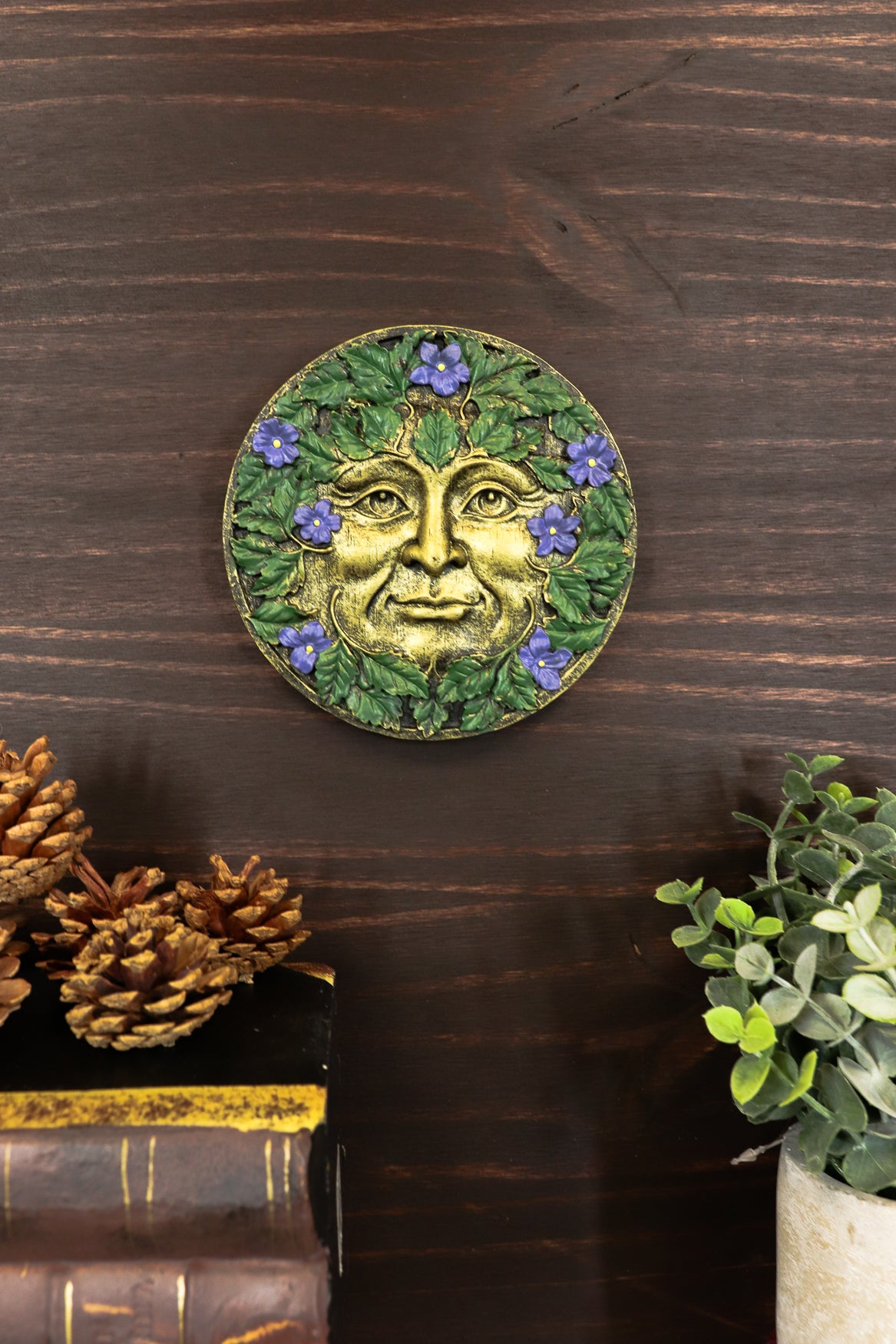 Ebros Bronzed Blooming Foliage Spring Celtic Greenman Wall Decor Periwinkle Flowers - Ebros Gift