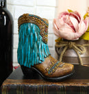 Rustic Western Cowboy Turquoise Frill Fringe Faux Leather Boot Pen Holder Decor