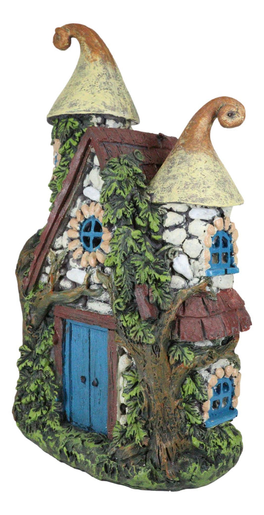 Fairy Garden LED Light Up Cottage Stone House With 2 Roofs Blue Door Figurine