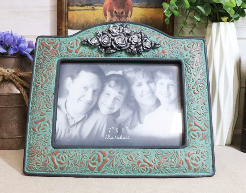 Western Silver Roses Turquoise Faux Tooled Leather Picture Photo Frame 5"X7"