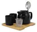 Ebros Midnight Black Contemporary Ceramic 20oz Tea Pot With 2 Cups And Bamboo Tray Set