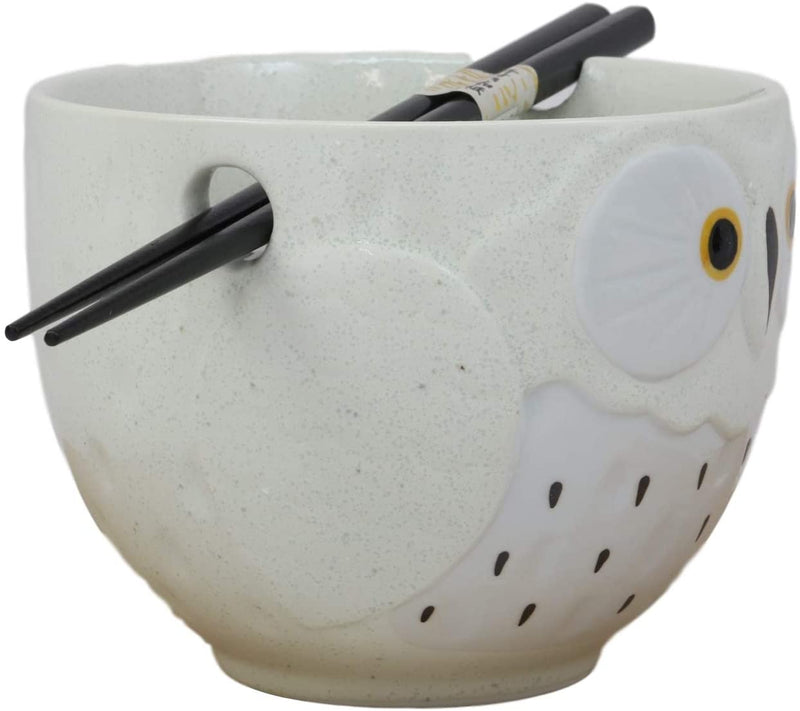Ebros Whimsical Ceramic White And Black Owl Ramen Bowl and Chopsticks Set of 2
