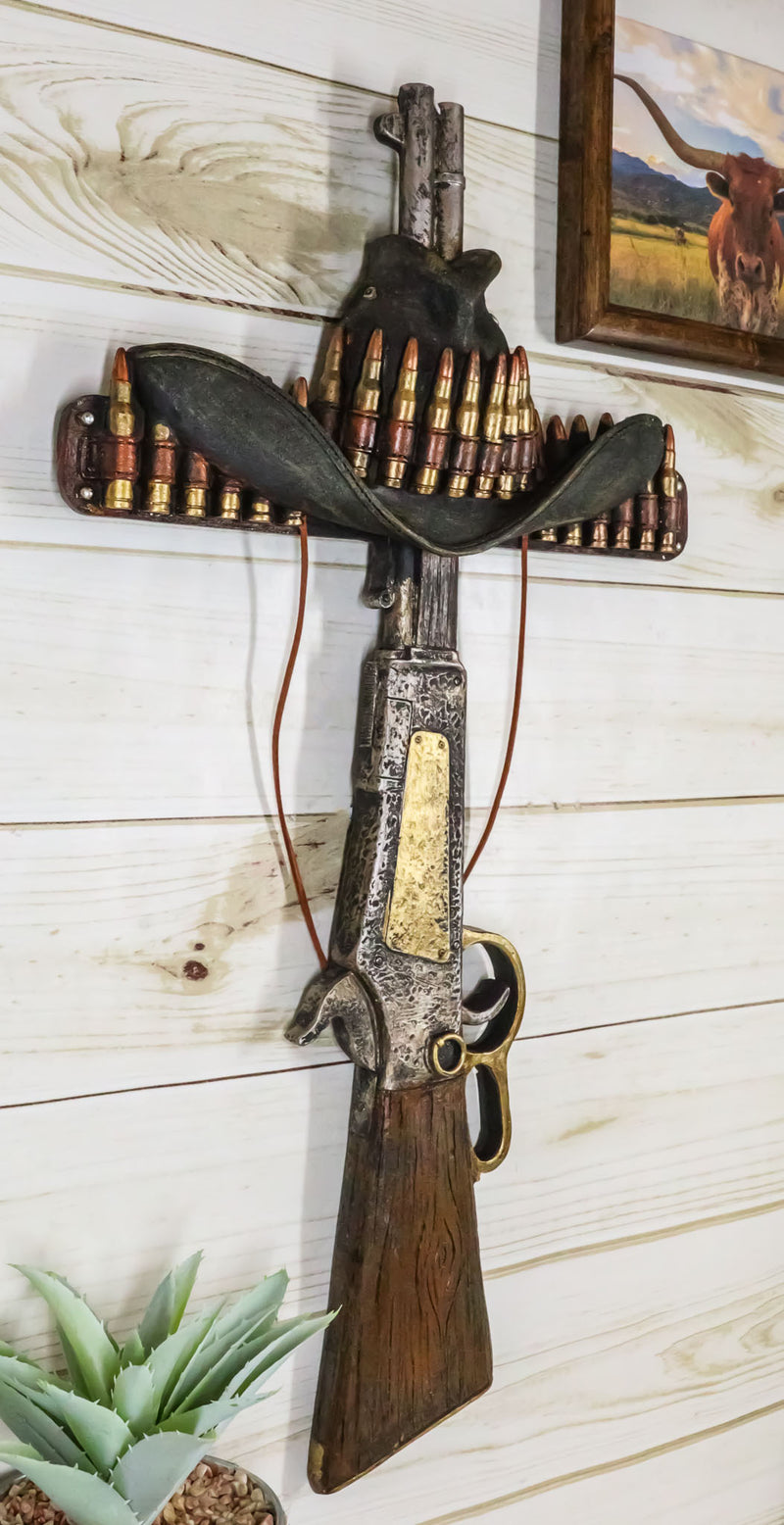 Rustic Western Cowboy Hat Hunting Rifle With Bullet Shell Casings Wall Cross