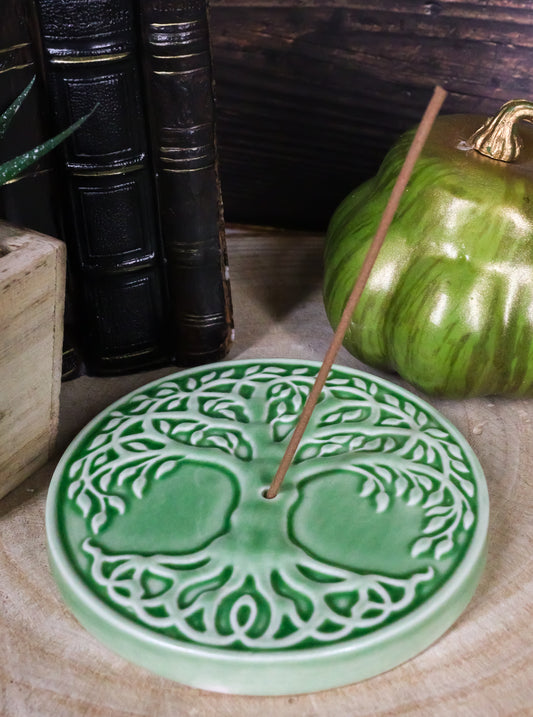 Wicca Sacred Symbols Celtic Tree of Life Yggdrasil Ceramic Round Disc Burner - Ebros Gift