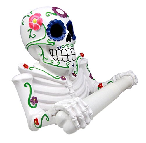 Ebros Gift White Day Of The Dead Sugar Skull Floral Skeleton Toilet Paper Holder Bathroom Wall Decoration Figurine - Ebros Gift