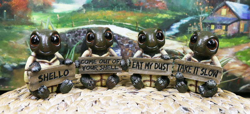 Whimsical Cute Sea Turtles Set of Four Figurine Holding Signs With Funny Sayings