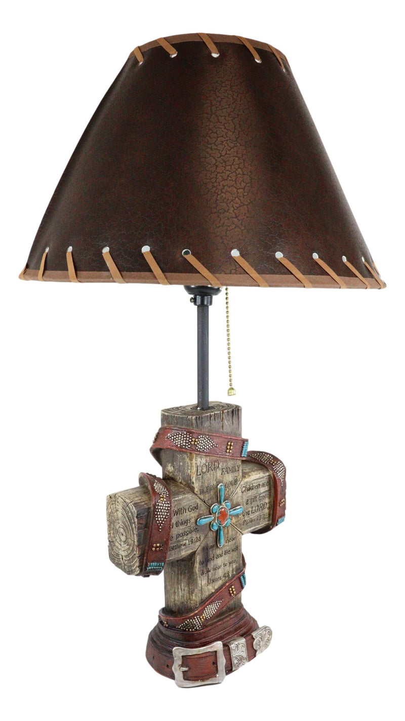 Western Turquoise Faux Distressed Wood Cross Bible Verses Family Side Table Lamp