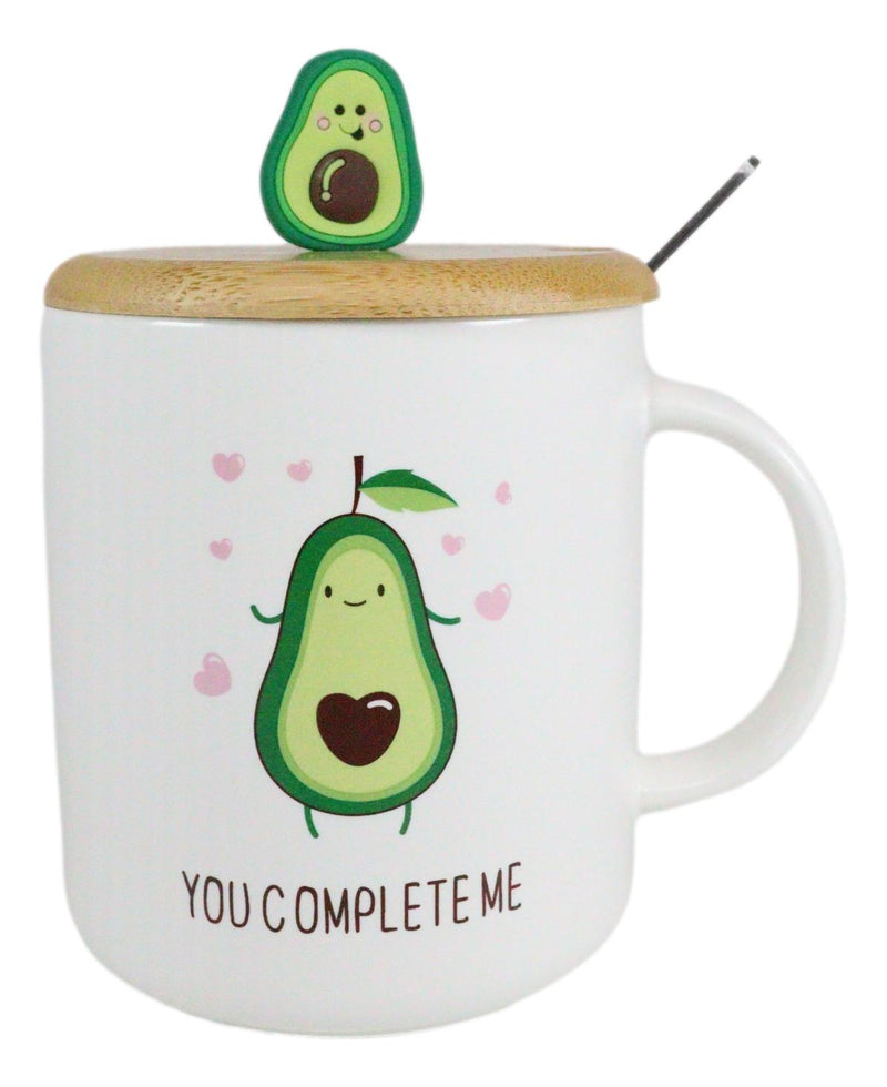 Pack Of 2 You Complete Me Avocado Hearts Ceramic Coffee Mug W/ Spoon And Lid Set