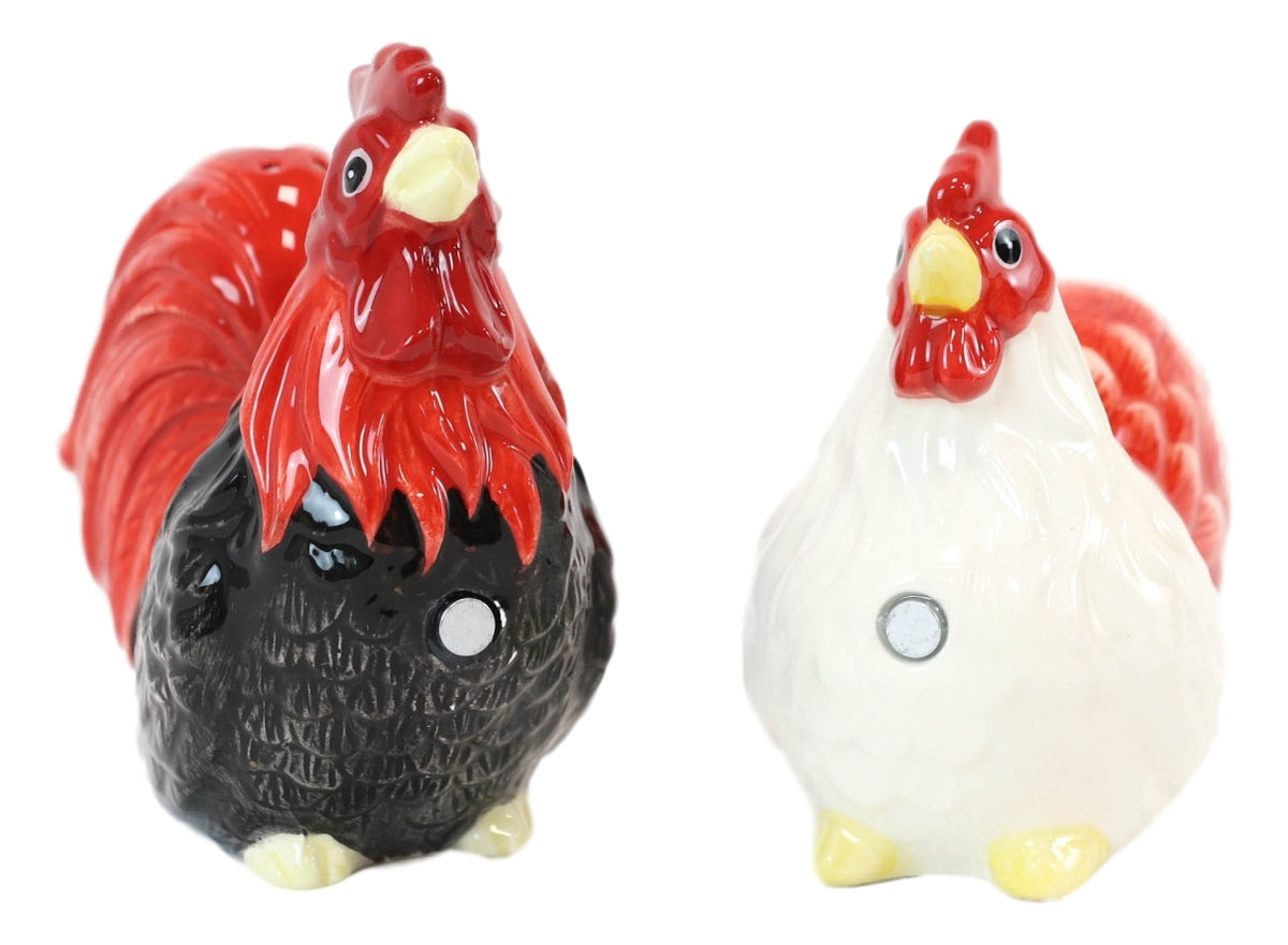 Ebros Chicken Black Rooster And White Hen Magnetic Salt And Pepper Shakers Set - Ebros Gift