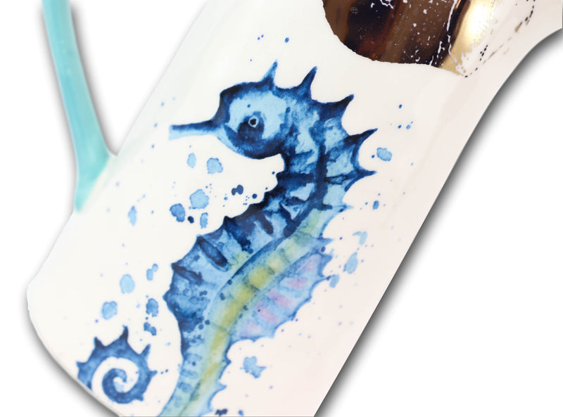 Nautical Marine Blue White Seahorse Ceramic Hot Or Cold Drink Jug Pitcher 35oz