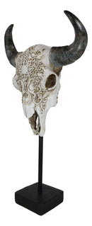 Rustic Tooled Floral Lace Bull Cow Steer Head Skull Sculpture On Pole Display