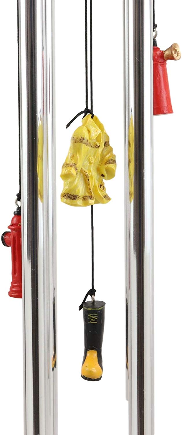 Ebros Gift Yellow Gear Outfit Fireman in Line of Duty with Axe and Red Hydrant Resonant Relaxing Wind Chime Patio Garden Accent of Fire Fighters Hydrants 911 Emergency Civil Service - Ebros Gift