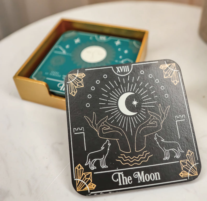 Wicca Tarot Card MDF Wood Coaster Set of 4 Tiles With Cork Backing And Holder