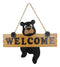 Black Bear Cub Hanging On Welcome Sign Plank MDF Wood Door Or Wall Decorative