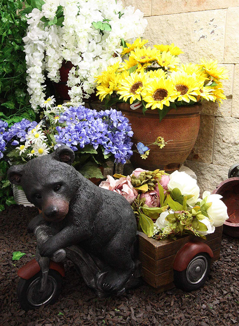 Ebros Gift Large Rustic Wildlife Black Bear Riding Tricycle Flowers Or Plants Planter Statue 20.5" Long