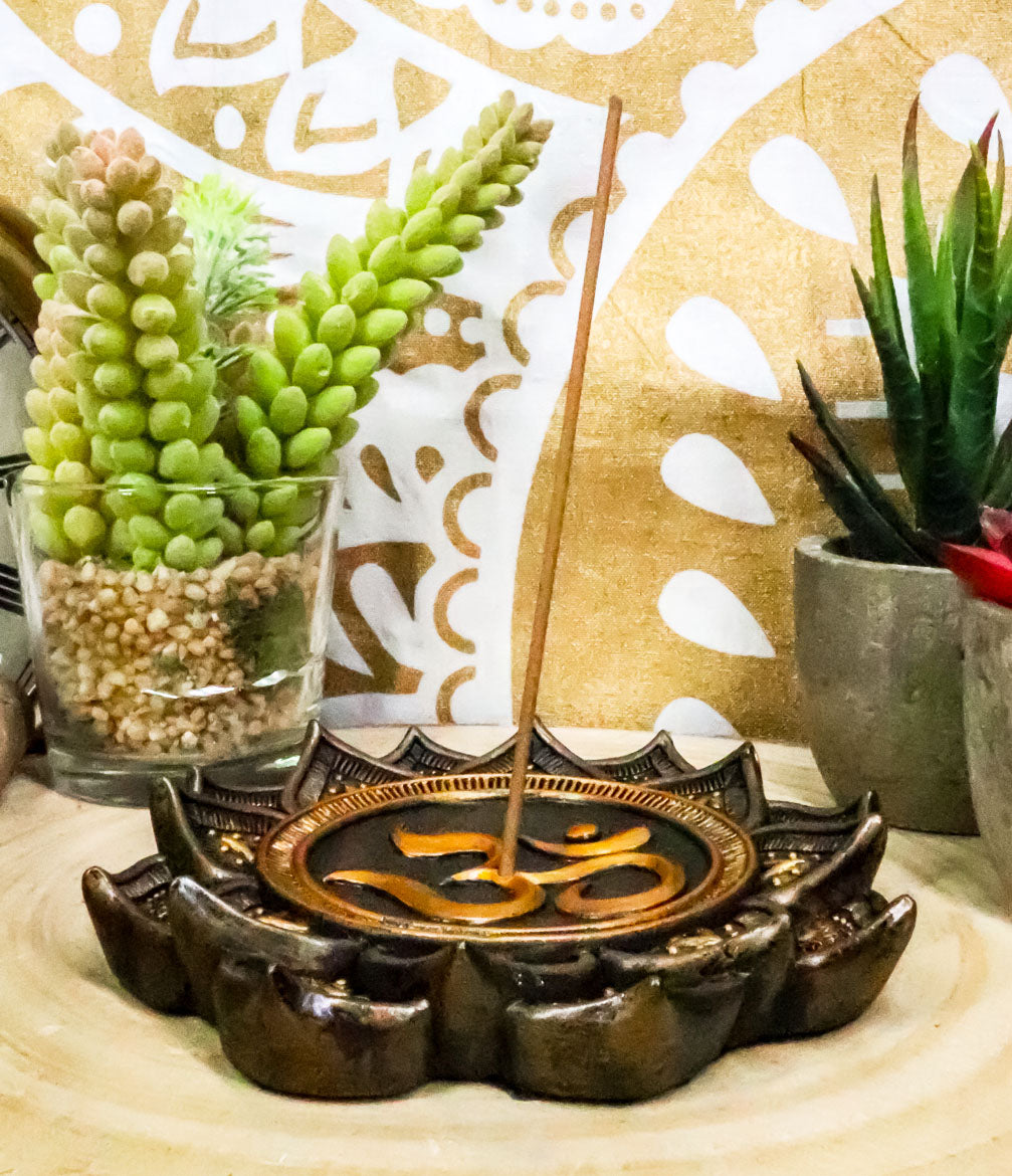Ebros Feng Shui Zen Buddha Ohm Symbol Lotus Mandala Flower Incense Stick Burner Holder