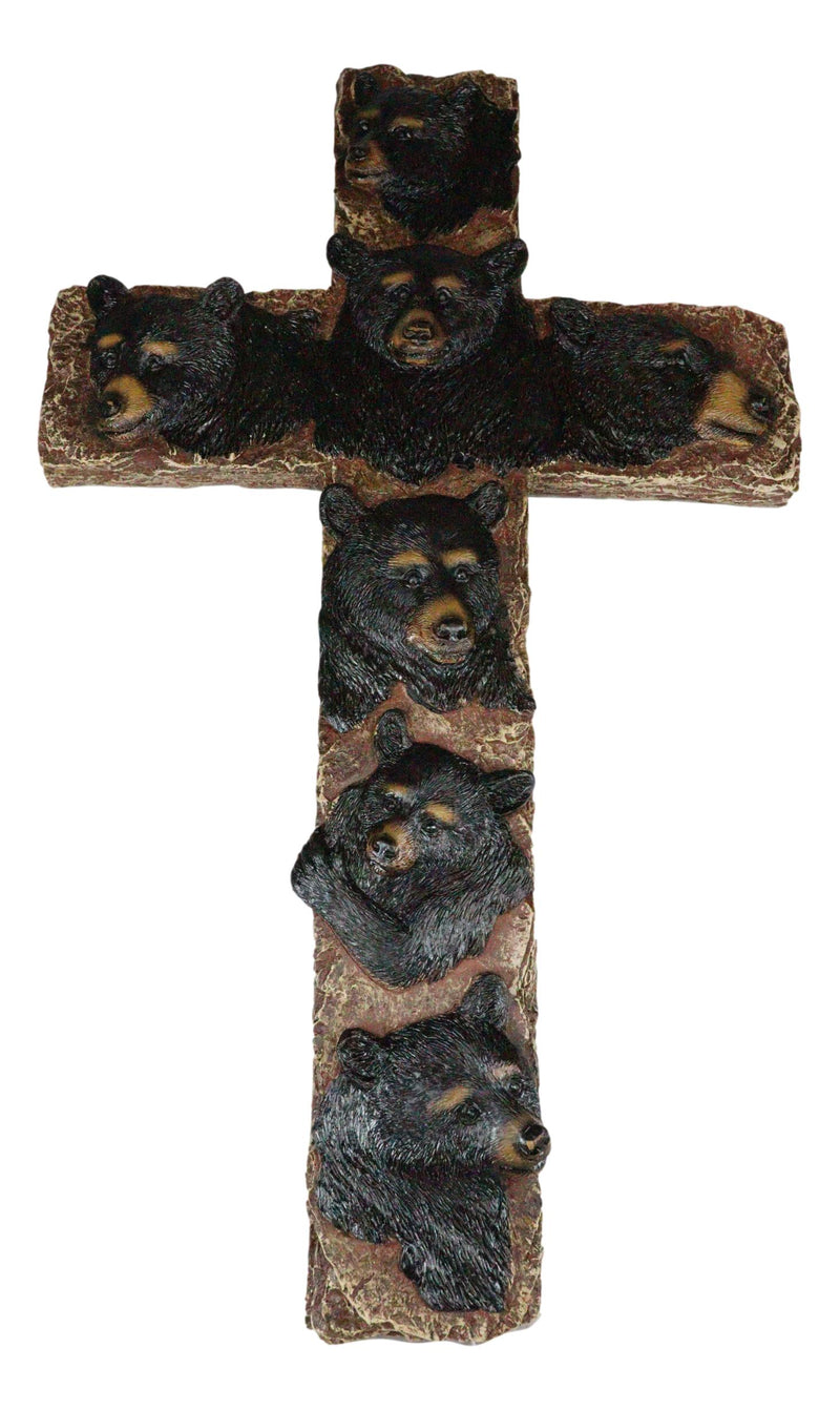 Rustic Western Forest Black Bears Faux Wooden Tree Wall Cross Decor 14" H