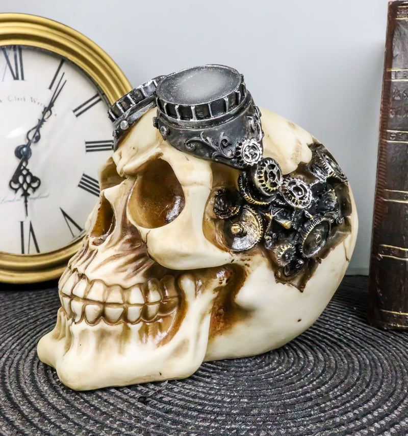 Steampunk Pilot Aviator Cyborg Skull Figurine Painted Gearwork Robotic Sculpture