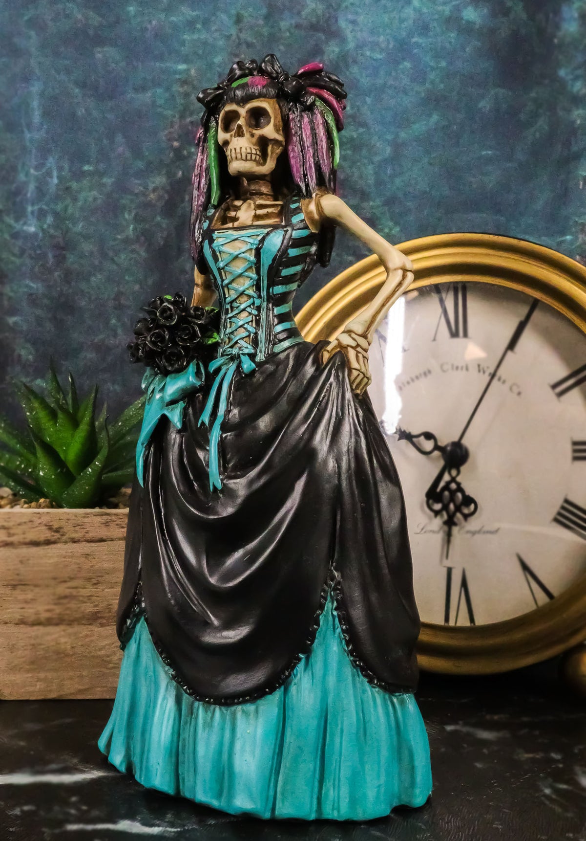 Day of The Dead Gothic Skeleton Bride In Evening Gown Statue Love Never Dies