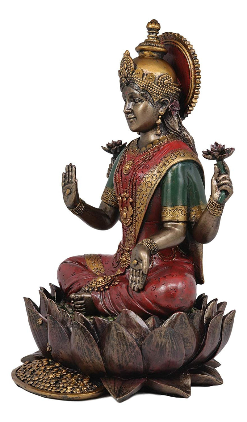 Beautiful Large Hindu Goddess Lakshmi Sitting On Lotus Flower Statue 12.25"Tall
